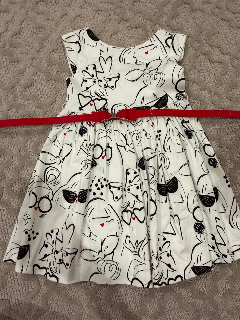Mayoral White Dress with Black Sketch Print and Red Belt
